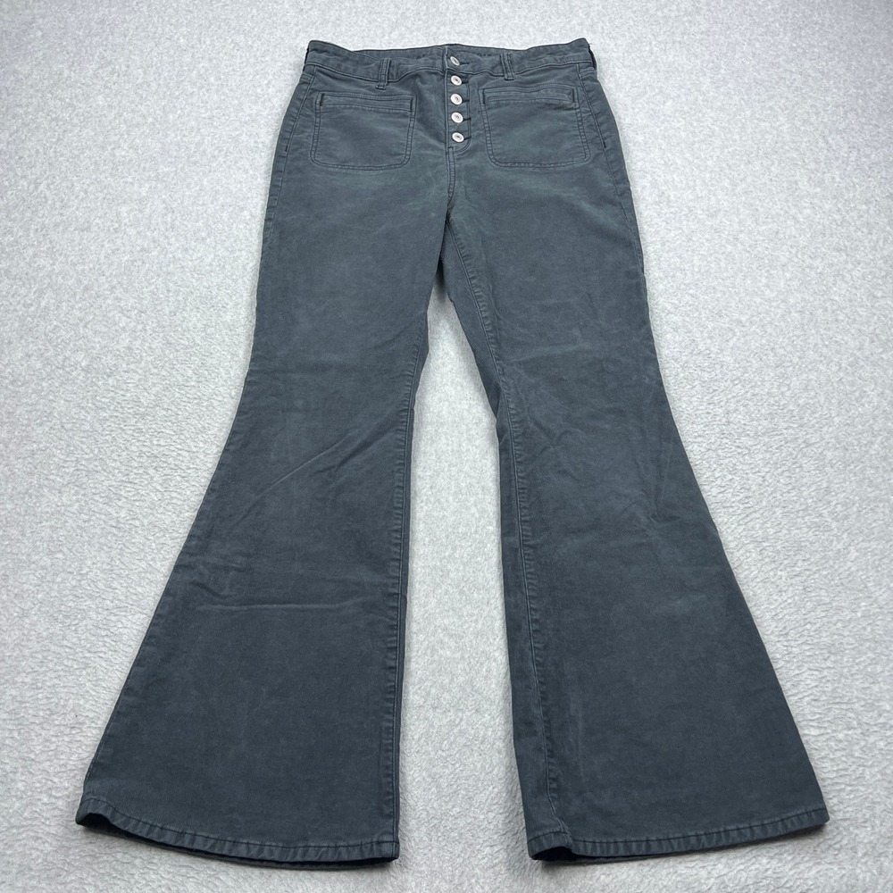 American Eagle Corduroy Flare Pants Womens 12 Gray Button Fly High Rise Stretch